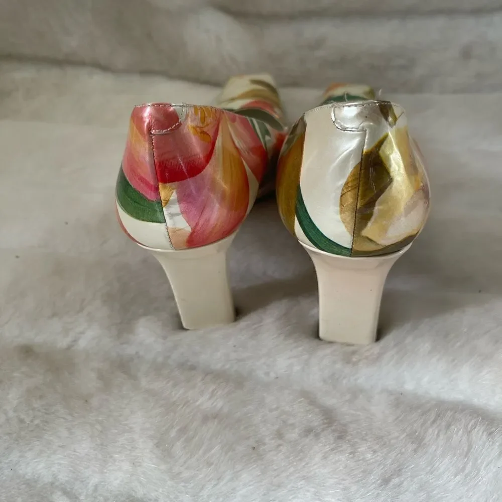 Paul Mèlian patent multi color marble prints slip on pumps square toe si…